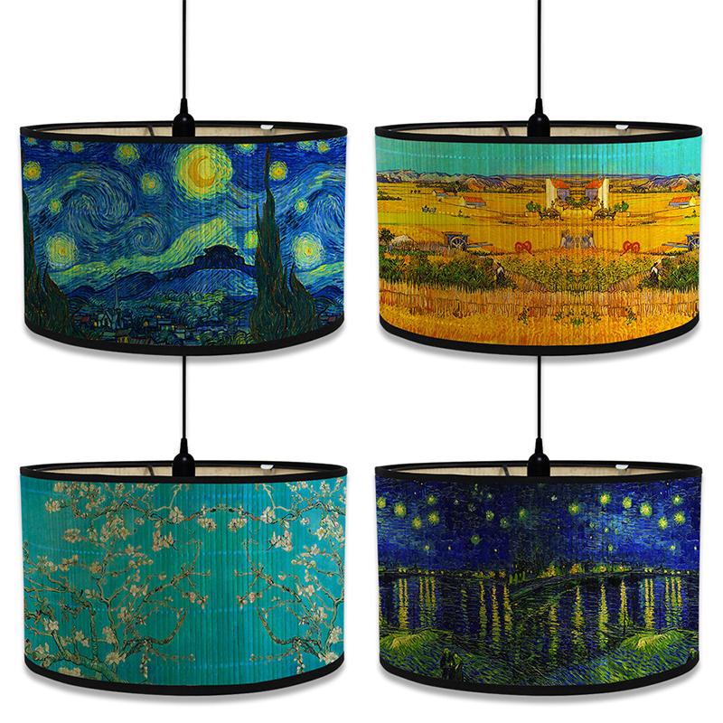 Astral solsikke lampeskjerm Bambus kunst lysskjerm Bar kafé lysekrone dekor Van Gogh malt dekorativ lampeskjerm