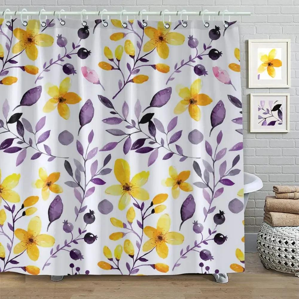 

Цветок Растение Листья Душевая Занавеска Комплект Акварель Цветочный Пасторальный Арт Желтый Фиолетовый Весна Ванная Комната Полиэстер Экран Домашний Декор 150x180cm-60x70in