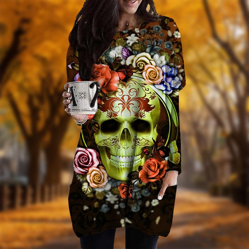 

Новинка осени с принтом черепа и цветка в виде кластера больших размеров женское платье с круглым вырезом и длинными рукавами повседневные платья с карманами 8XL оранжевый