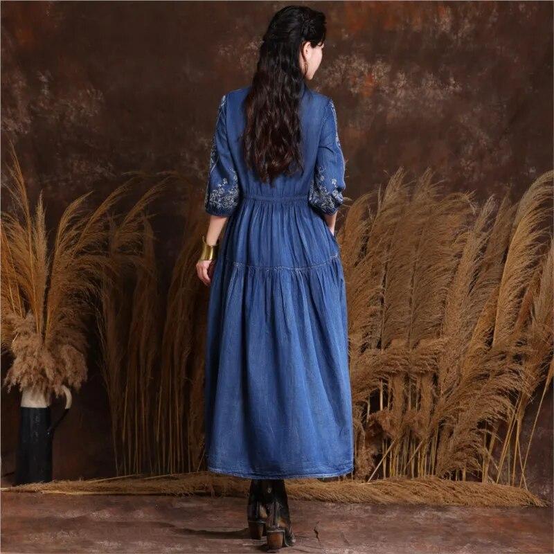 Johnature Niche Cotton Embroidery Frenulum Solid Color A-Line Dress Woman Spring Half Sleeve V-Neck Dress
