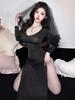 New Sexy Mesh Lace Sheer Long Dress V Neck Sweet Tops Slit Dress Pure Desire Uniform Sleeping Clothes  Dress Elegant 1E4K