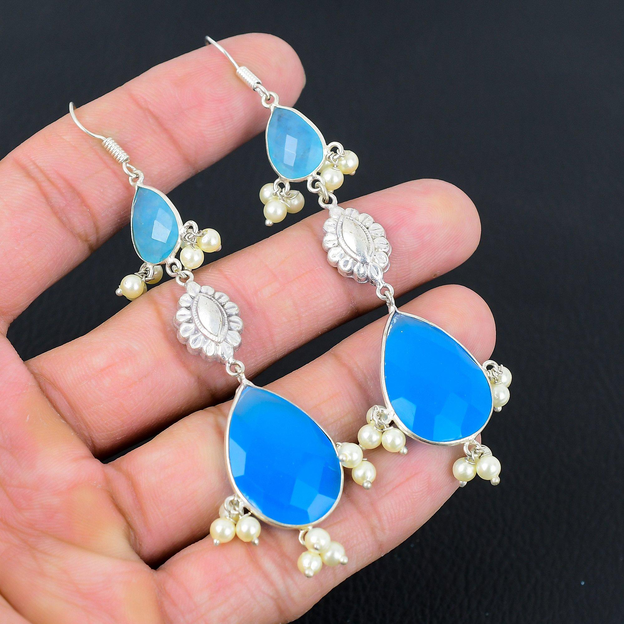 

Birthday Gift For Her Natural Blue Saphire Drop/Dangle Earrings 925 Silver