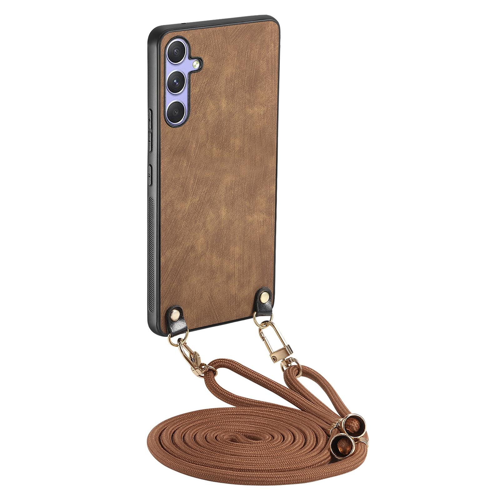 

For Samsung Galaxy A56 5G Case Retro Texture Leather Coated PC+TPU Phone Cover with Hanging Rope Brown