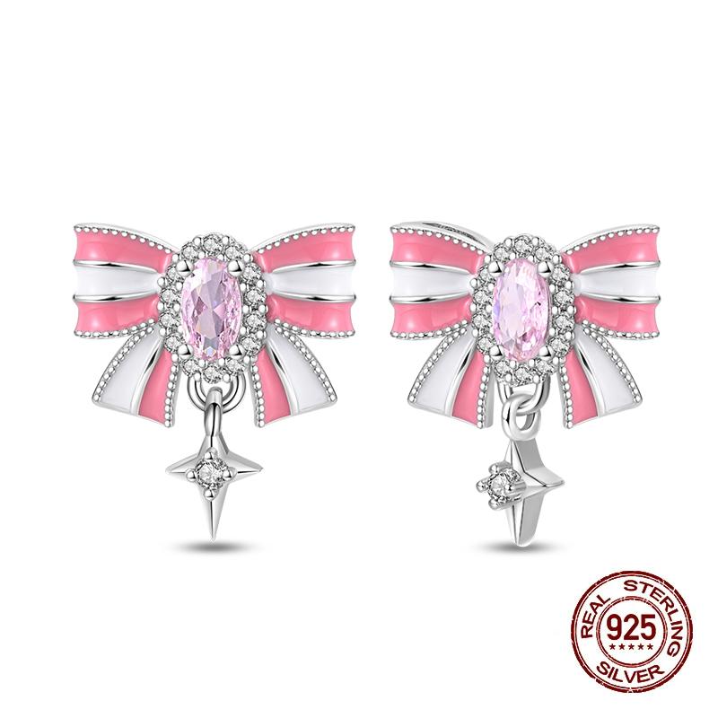 New Earring For Women 925 Silver Sparkling Cordate Zircon Pink Bow Princess Double Hoop Earrings Luxury Festival Party Jewelry