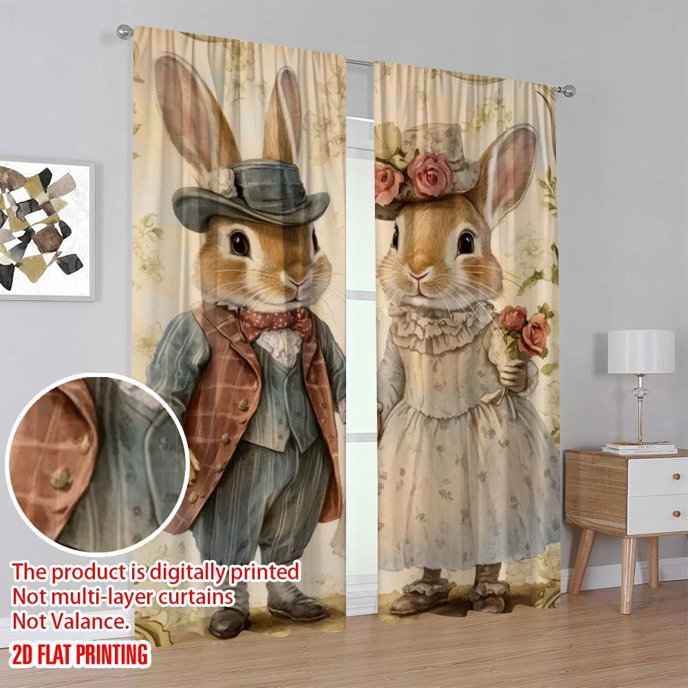 2pcs,2D plane printing Curtains Bunny Wedding Bliss Versatile 100% Polyester (without rod) Room Decor Ldeal for Living Room and