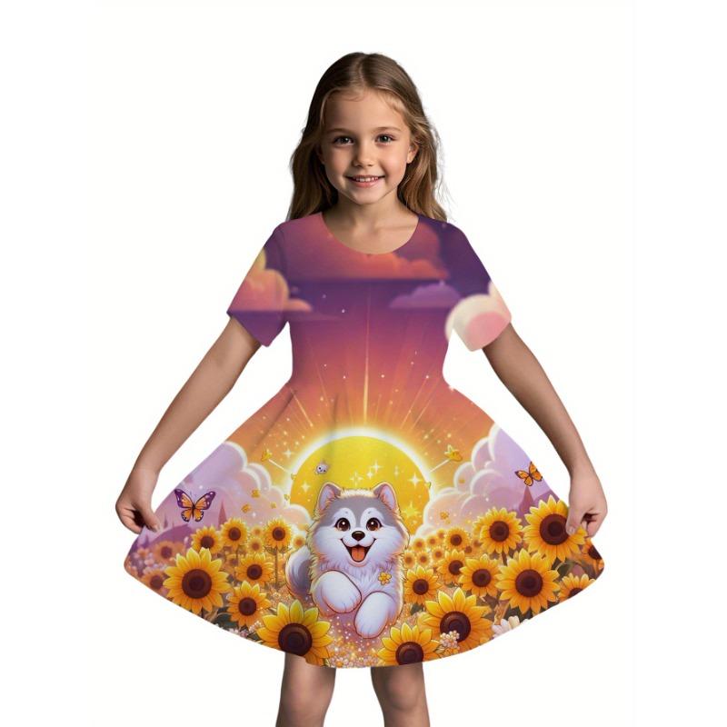 

Girls Short-Sleeve A-Line Princess Dress with Puppy & Sunflower Print - Soft Breathable Dress Suitable for Birthdays 110