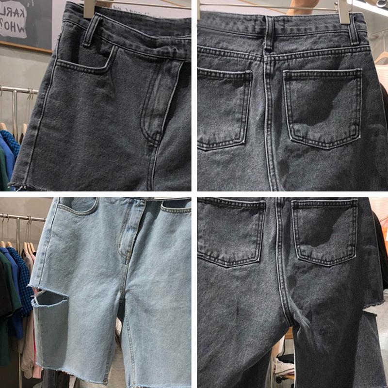 Large Size Hole Denim Shorts Summer Women's Chic Design High Waisted Five Point Fashion Casual Straight Leg Shorts