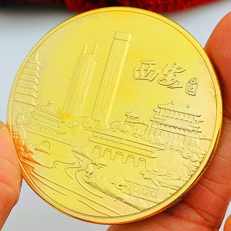 Chinese tourist attraction, Xi'an Big Wild Goose Pagoda, tourist attraction, gold-plated color printed commemorative medal, gold coin