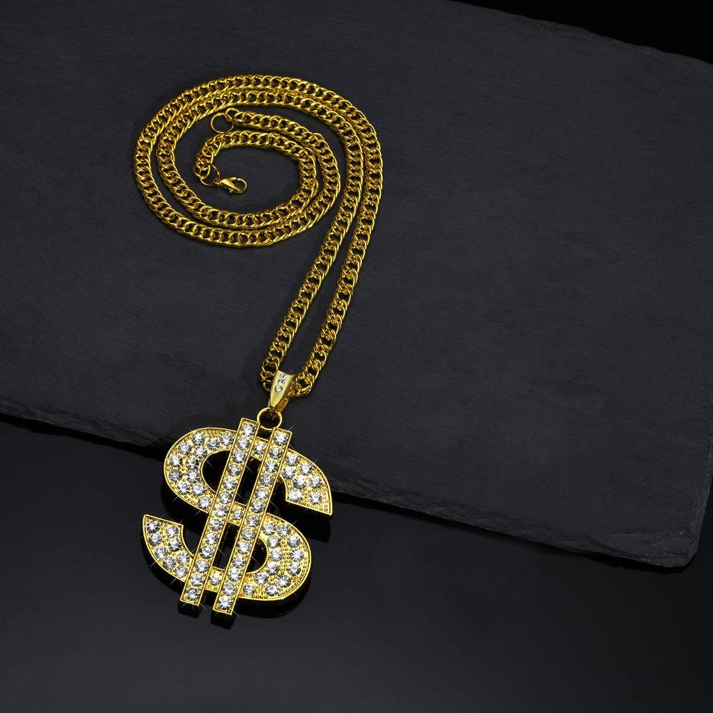 Vnox Gold Color Dollar Sign Necklaces for Men with Cuban Chain,Hip Hop Money Dollar Pendant Collar Party Jewelry