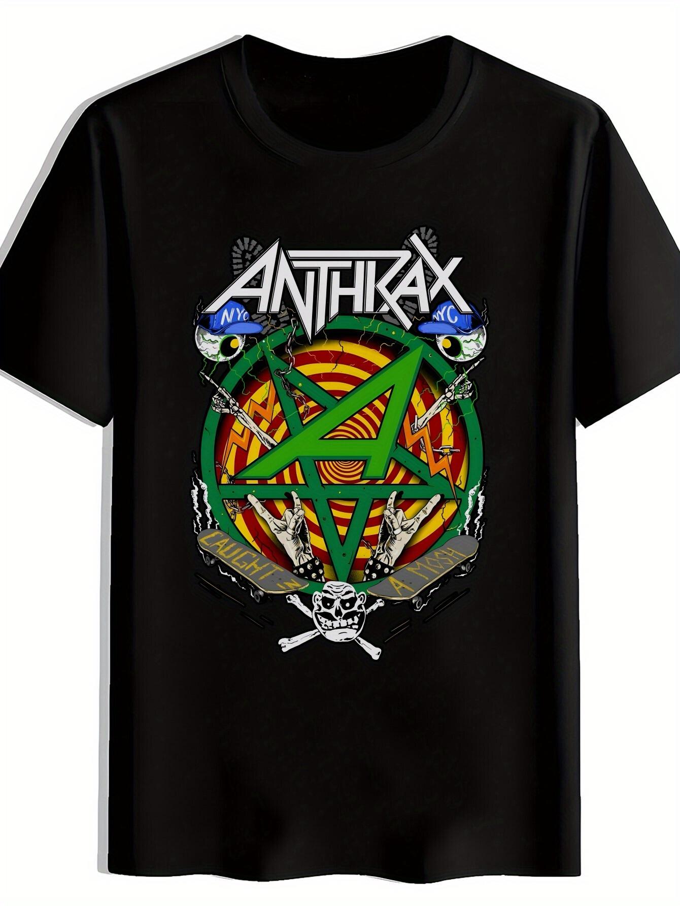 Black  ANTHRAX  Graphic T-shirt - Retro Rock Band Design with Skull & Star S