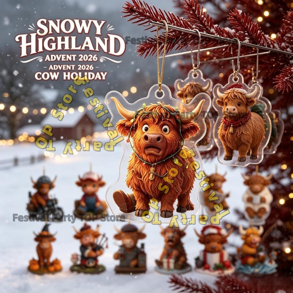 2026 New Highland Cow Figures Advent Calendar , 24PCS Decorative Hanging Ornament Countdown Calendar Christmas Gift Supplies