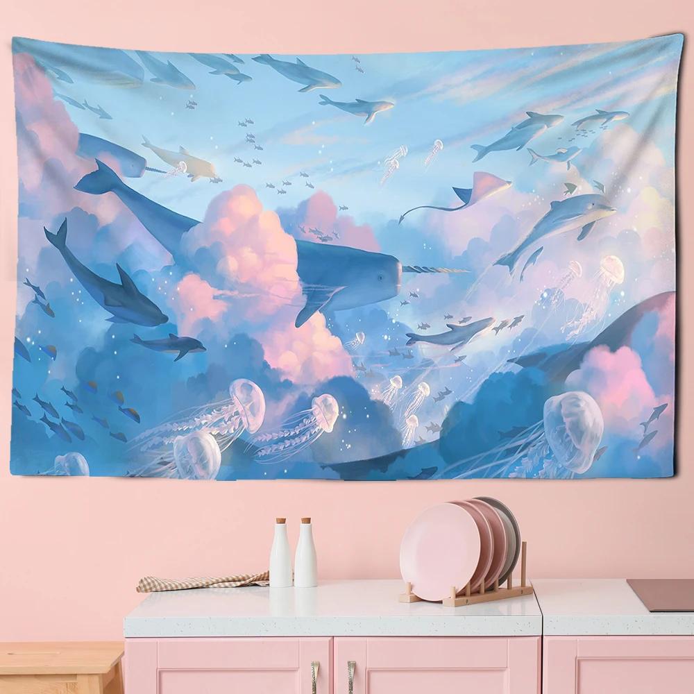 Tapestry Aesthetics Cartoon  Sky Dolphin  Pink Purple Cloud  Bedroom Wall Home Decoration