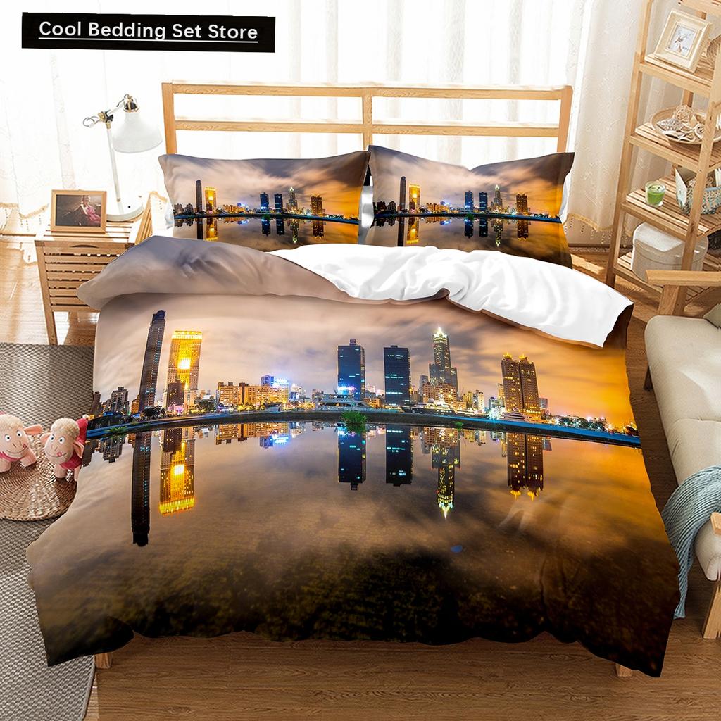 Comforter Cityscapes King Queen Tall Buildings Landscape Bedding Set Busy Traffic View Polyester Comforter