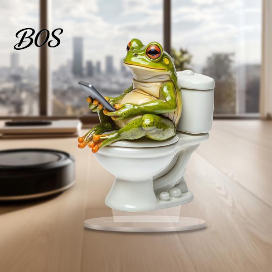 Durable Acrylic Figurine Frog On Toilet Decor, 2D Funny Bathroom Shelf Figure, Cute Decoration Assembled Statue for Desk Living Room Office,