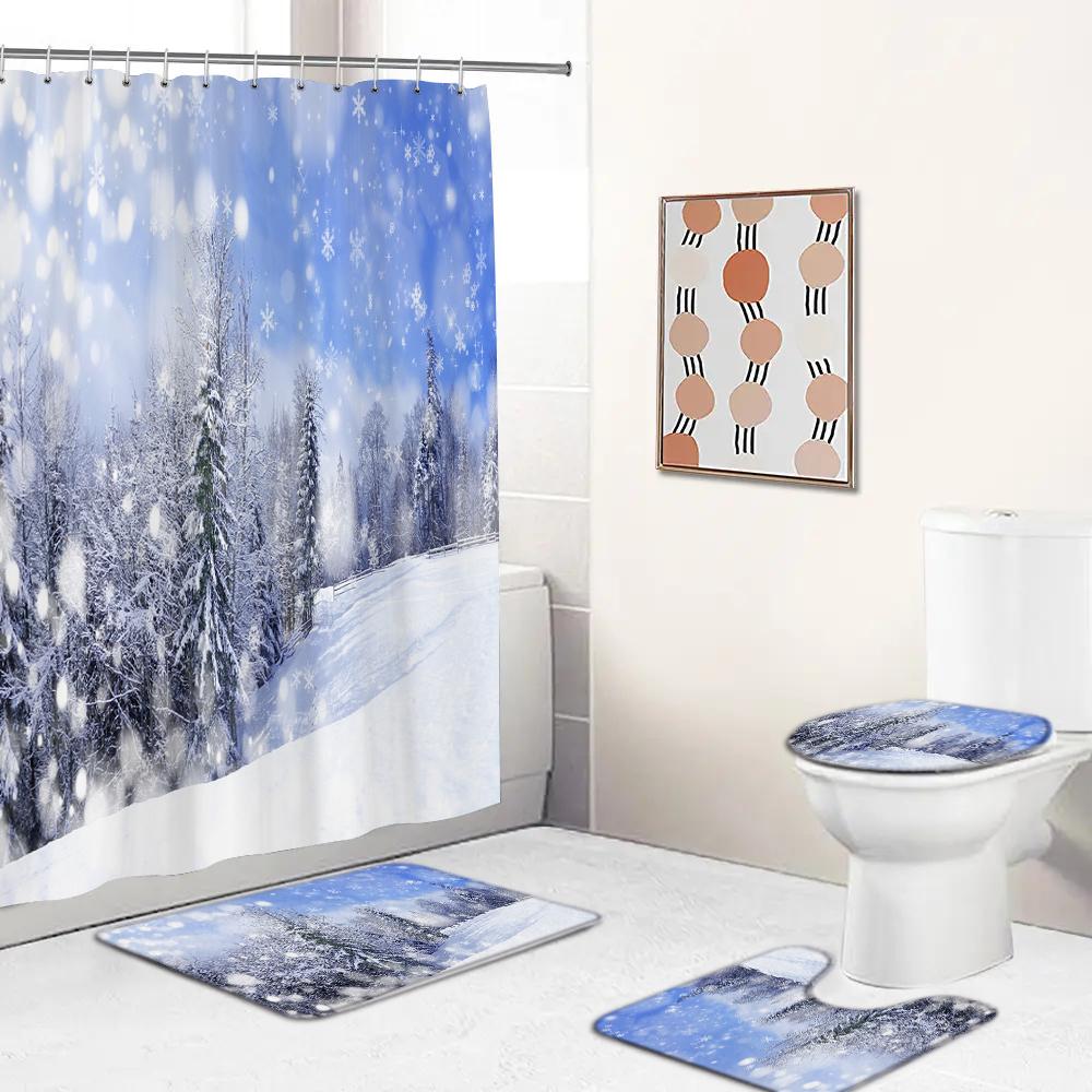 Snow Cedar Landscape Christmas Bathroom Shower Curtain Set Waterproof Bathtub Curtains Toilet Cover Mat Non Slip Rug Set