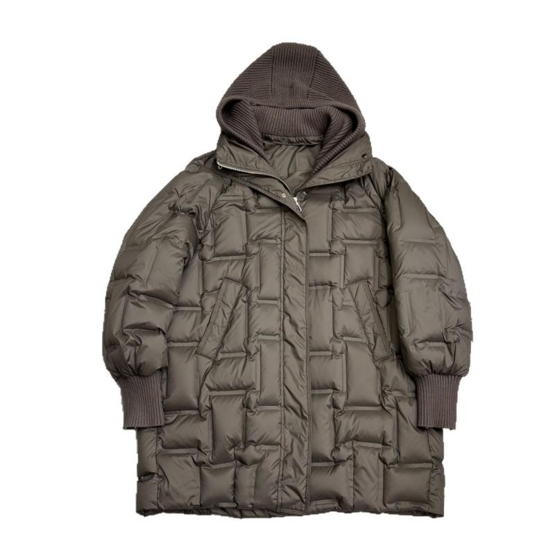 Womens Hooded Mid-Length Down Jacket With Duck Fill Warm Winter Coat Street Style