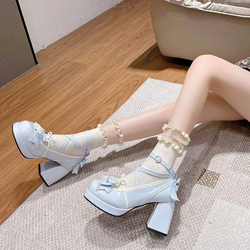 High Heels Lolita Thick Heel Thick Sole Waterproof Table Blue Japanese Soft Girl Sweet Cute Bow Shoes Women