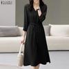 ZANZEA Women Casual V-Neck Solid Color 3/4 Sleeve Dress