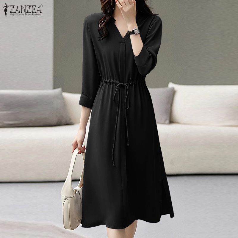 ZANZEA Women Casual V-Neck Solid Color 3/4 Sleeve Dress