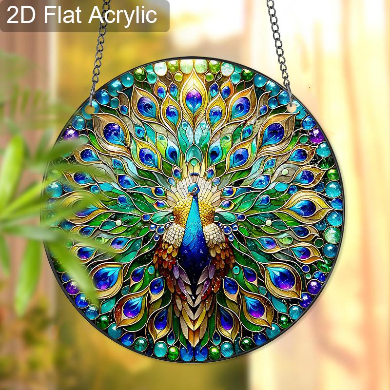 Acrylic Peacock Stained Glass Style Suncatcher, Vibrant Feather Window Hanging Ornament for Art and Animal Lovers