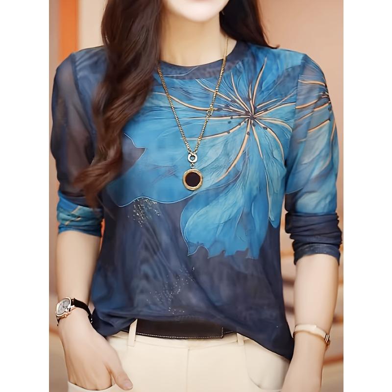 Stylish Floral Print Long Sleeve T-Shirt - Crew Neck, Semi-Sheer, High Elasticity, Machine Washable, Elegant Top for Spring and Fall