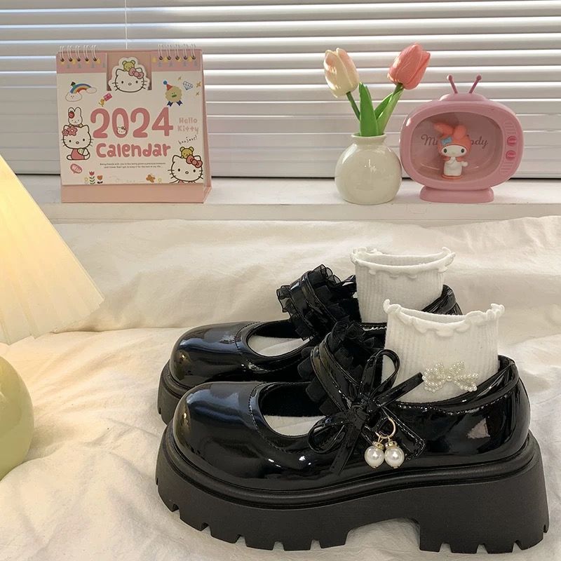 Sweet Sister Bow Shallow Mouth Pearl Mary Jane Shoes Spring and Summer New Thick Sole Heightening Japanese Small Leather Shoes Women