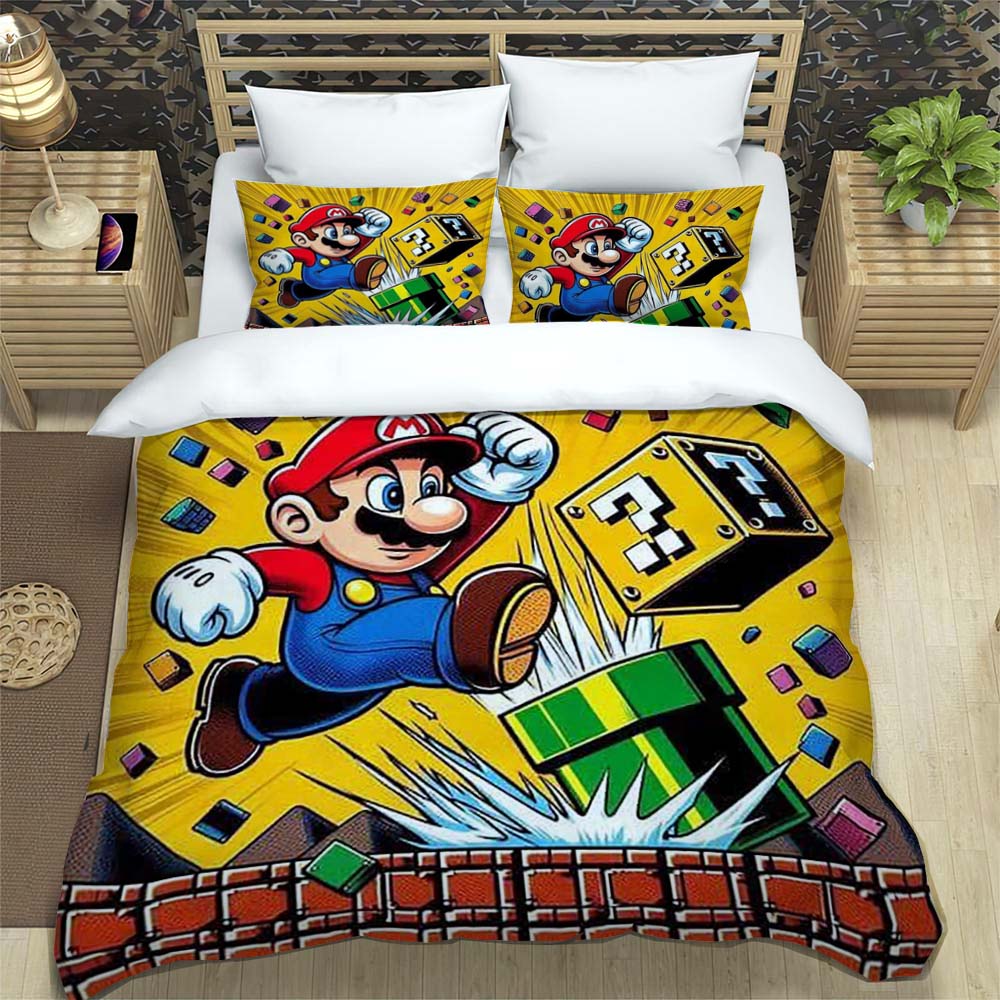 Comfortable Bedding Set, 3D Cartoon Mario Three-piece Set, Including Duvet Cover and Pillowcases.