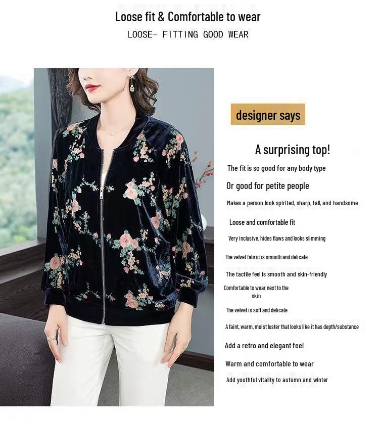 Women's Casual Gold Velvet Baseball Jacket - Korean Style, Loose Fit, Long Sleeve. Perfect for Spring & Autumn.