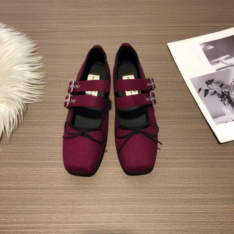 Fashion IPPEUM Velvet Mary Janes Shoes Women Ballet Flats Square Toe Rose Red Buckle Ballerinas Zapatos Mujer