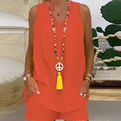 Orange Sleeveless Loose Fit Top with Matching Shorts Set, Casual Summer Outfit for Women