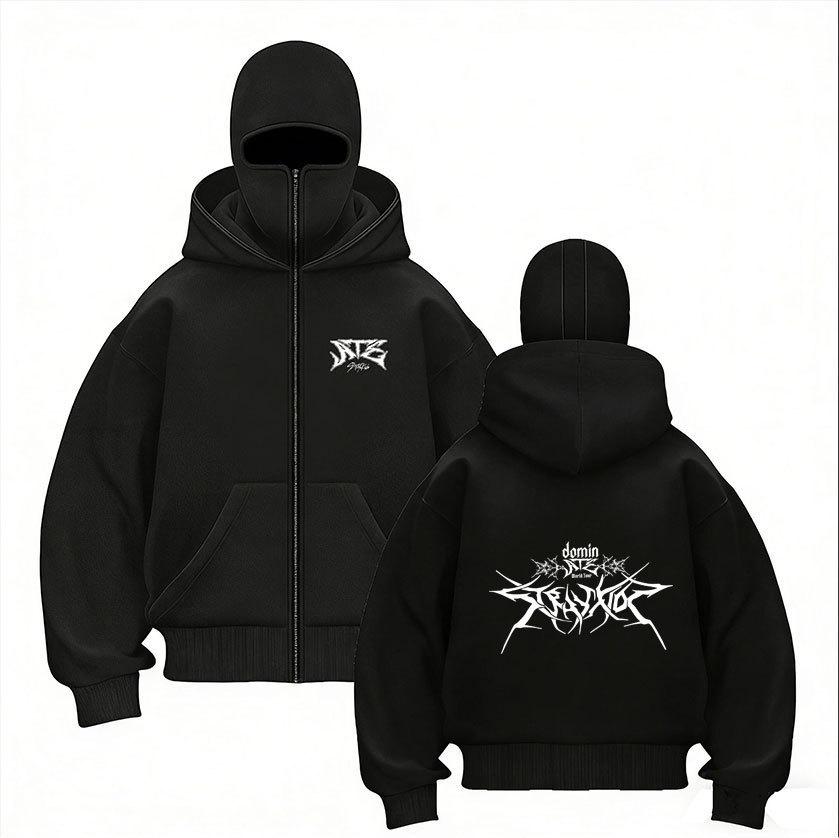 Stray Kids Skz Harajuku Printed Stray Kids Double Hood Zip-Up, Harajuku Print SKZ Hoodie for STAY Two-hat Zip-up Shirt for Men and Women