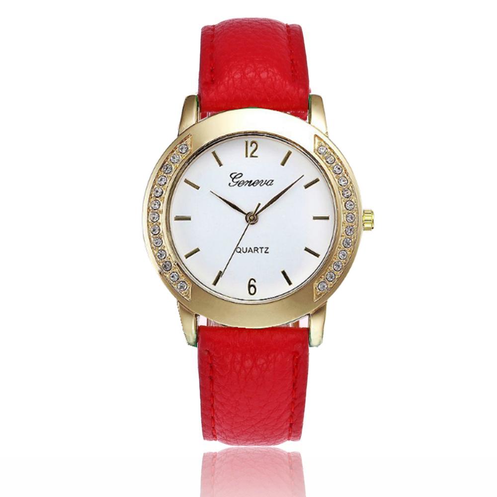 Women Fashion Double Side Diamond Watch Round Dial Quartz Clock Wristwatch with Leather Strap