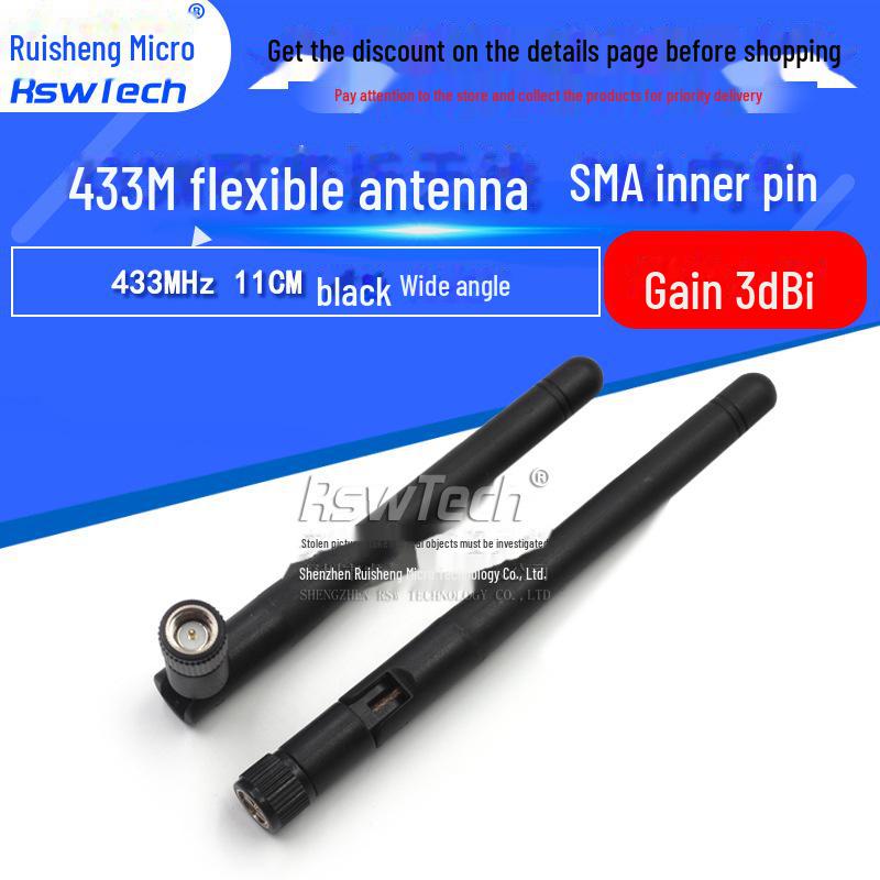 433MHz Omnidirectional Bendable Antenna, High-Gain Copper, Black SMA Glue Stick, Single Whip Design