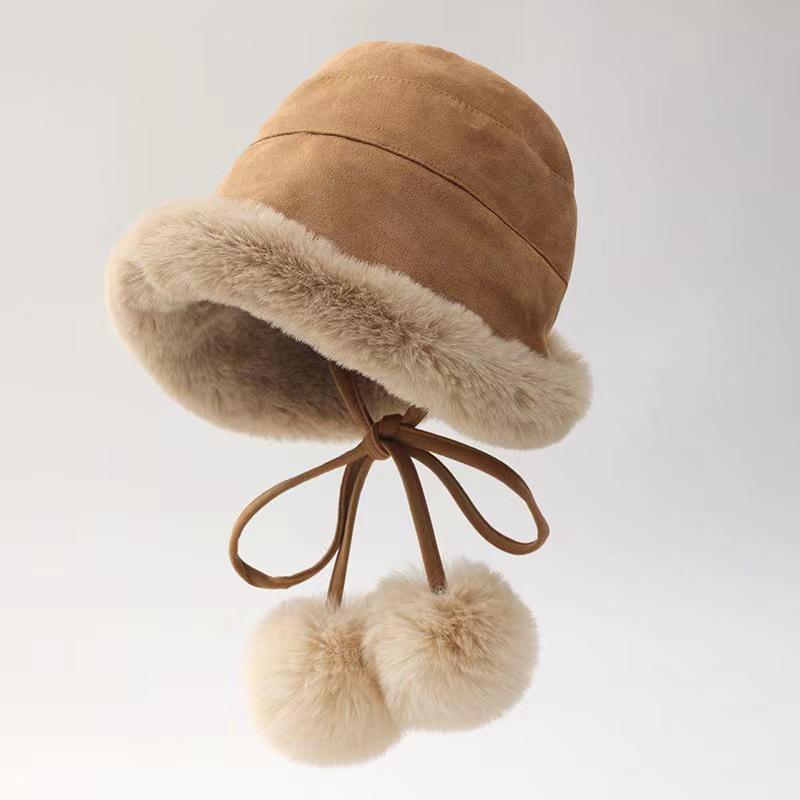 Women's Suede Mongolian Hat with Fur Ball Earmuffs - Versatile, Cute, and Warm for Autumn and Winter