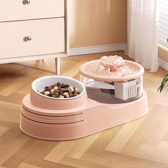Katt Vann- og Matdispenser 2-i-1 Automatisk Kattefôrmater 1L Kattevannfontene og Matskålsett for Innekatter Små Hunder