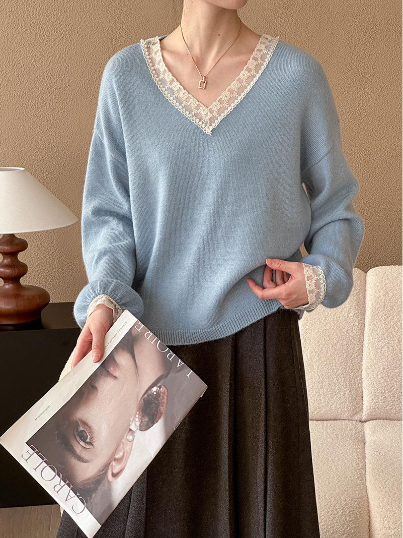 

Juzhi 2024 Осень/Зима Корейский кружевной V-образный вырез Тонкий красный свитер One Size