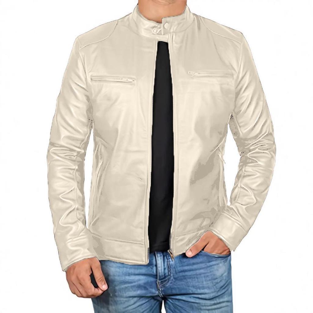Herren Retro Slim Fit Stehkragen Motorradjacke mit Mehreren Taschen für Frühling/Sommer