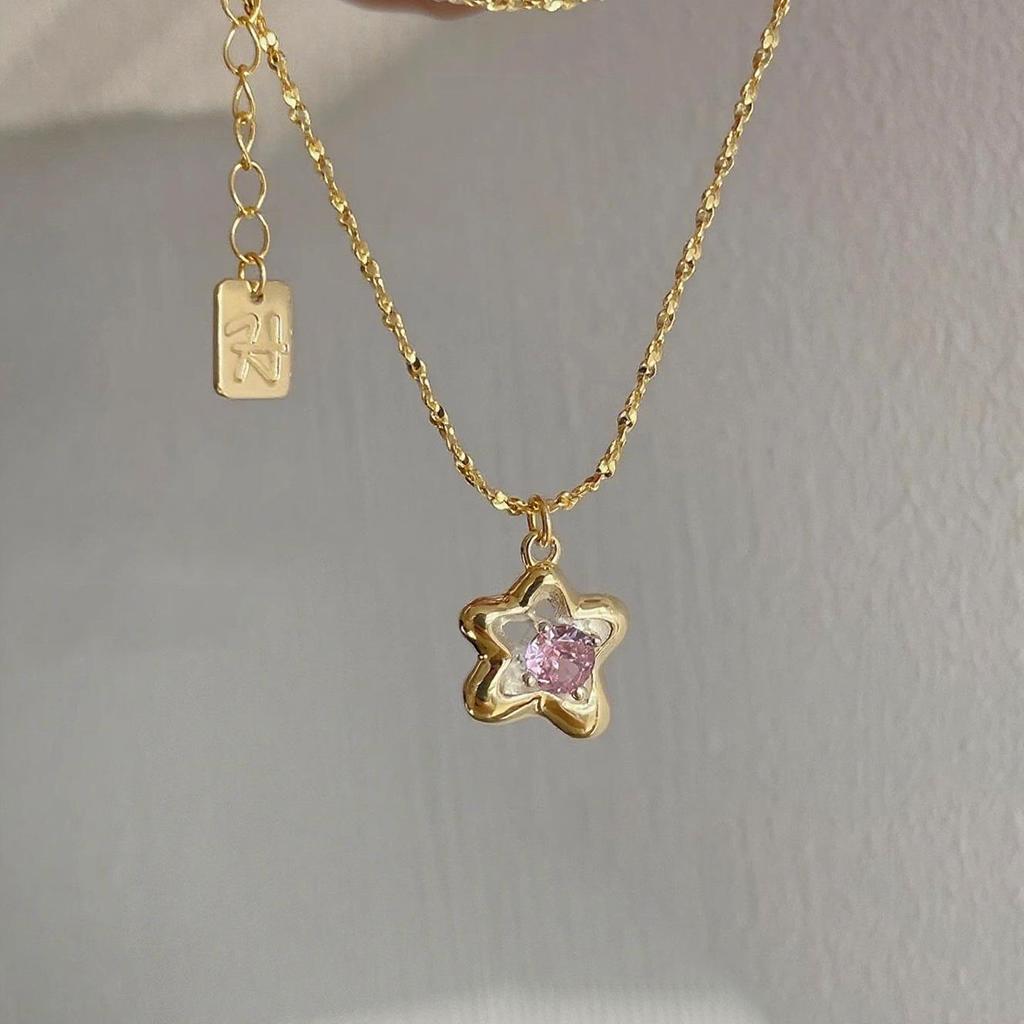 Japanese & Korean Pink Zircon Star Pendant Necklace - High-End Dainty Clavicle Choker