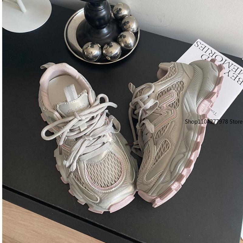 Fashion 2025 Popular Women's Chunky Sneakers Breathable Mesh Platform Sports Shoes Woman Flats Fashion Lace Up Thick Sole Casual Mujer