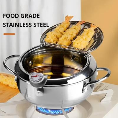 Household Thermometer With Cover Tempura Oil Fryer Small Oil Saving French Fries Frying Pan 1Pc Stainless Steel Oil Pan
