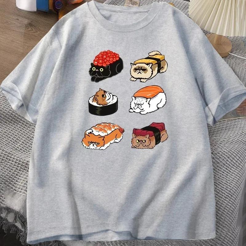 T-shirt Kawaii Chat Mignon Sushi Femme Y2k T-shirt Été Manches Courtes T-shirt Impression Cartoon T-shirts Vêtements Femme