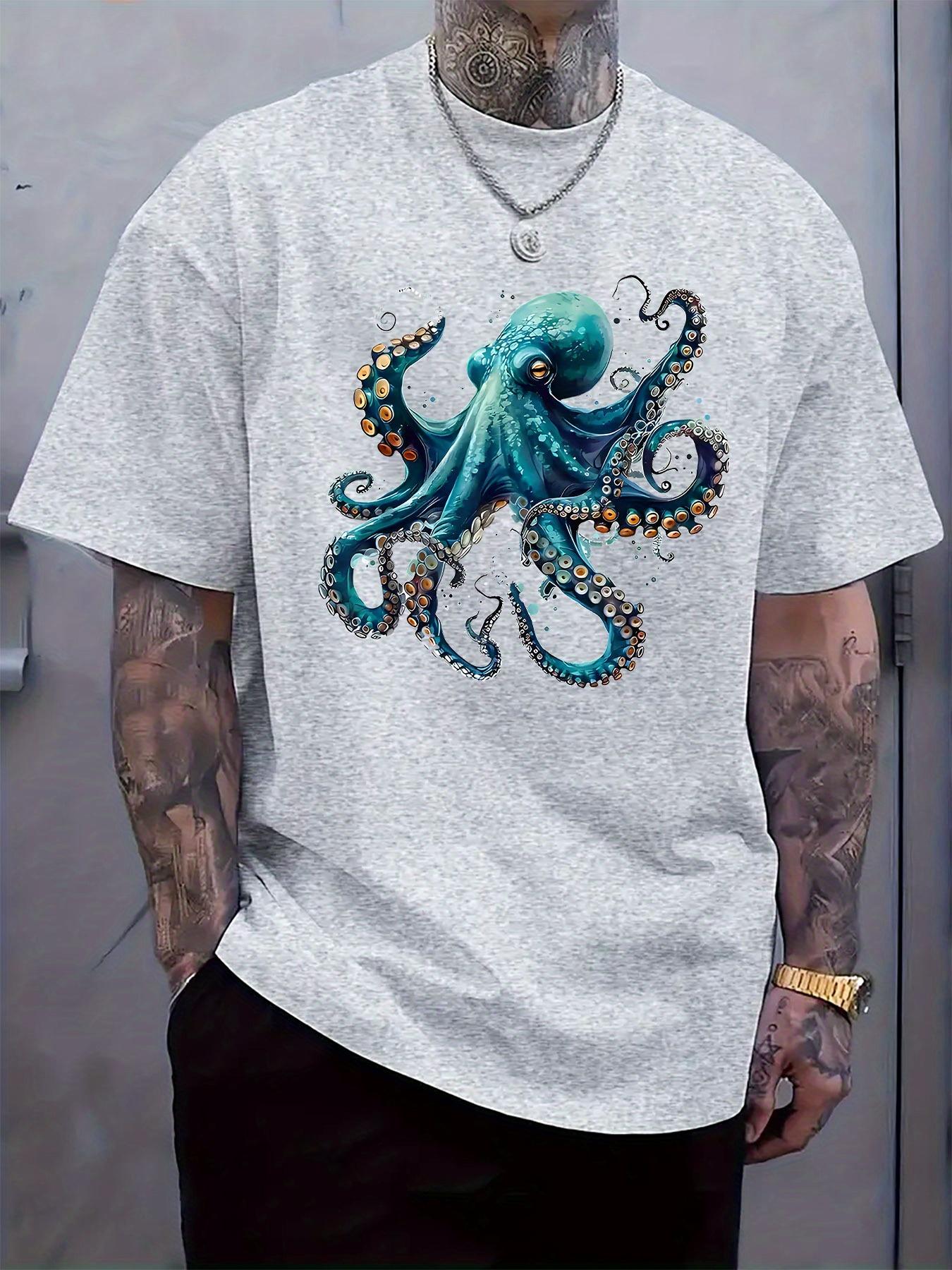 Light Gray Casual T-shirt with Vibrant Blue Octopus Print – Soft Polyester Blend L