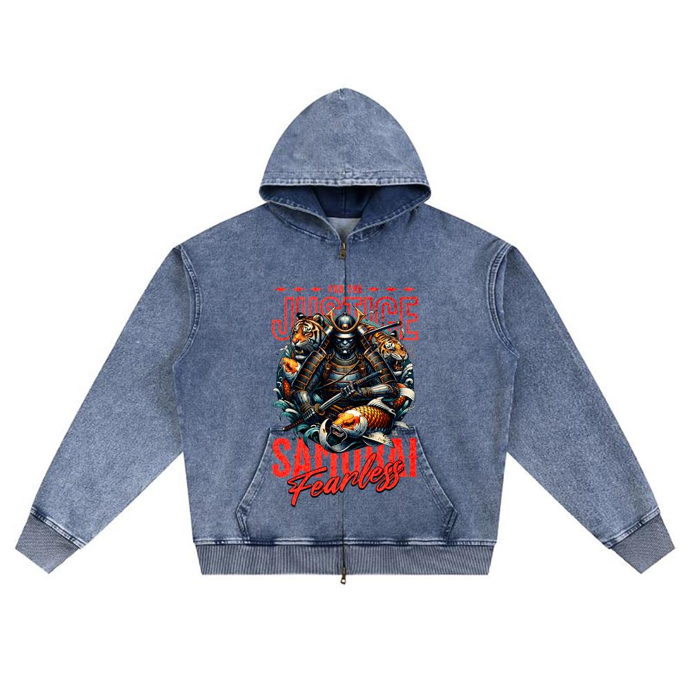 DTG Print Knitted Denim Zip-Up Hoodie Japan Samurai Brother Print Zipper Hoodies