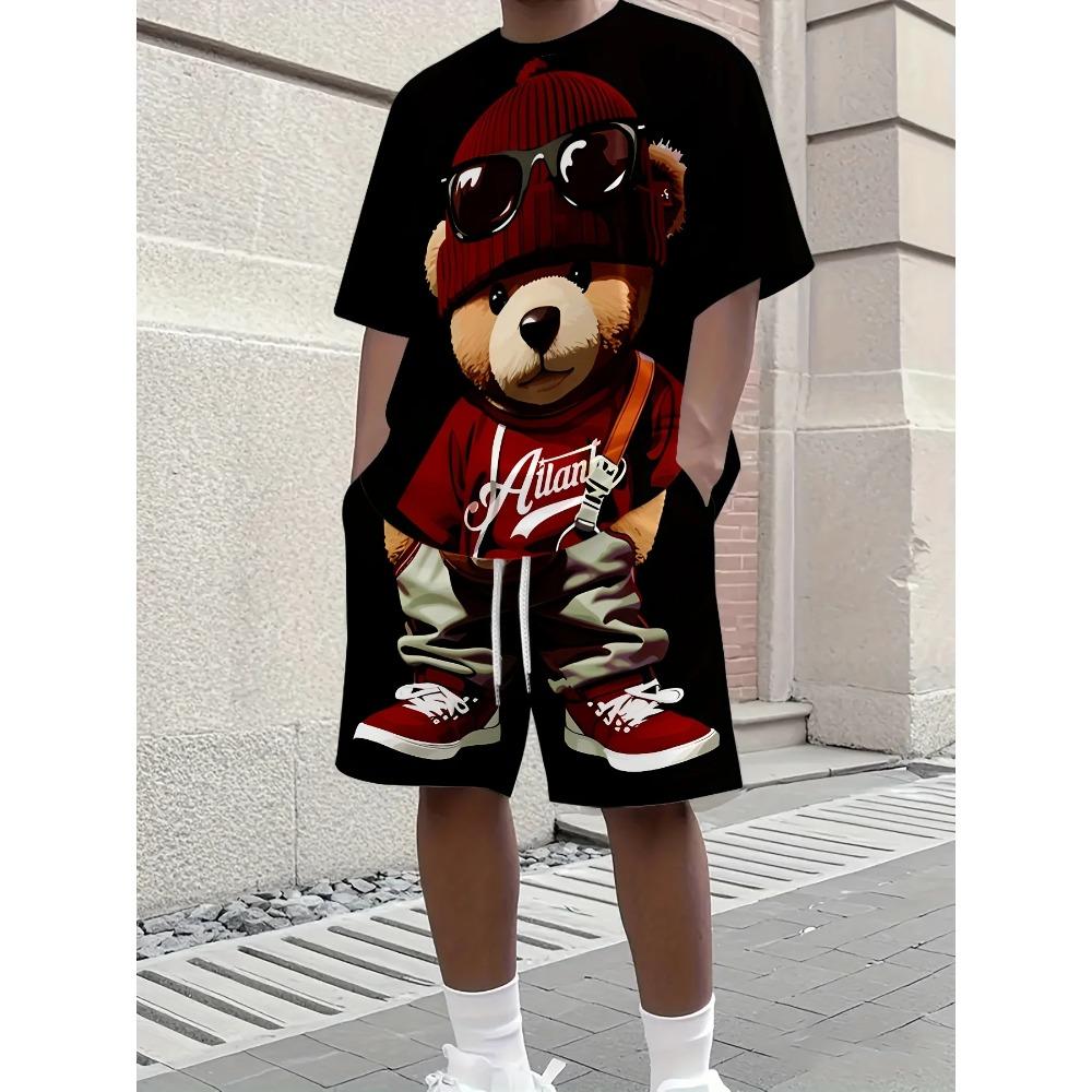The Summer New Men s Suit Features a Retro Teddy Bear Printed Round-neck T-shirt and Shorts, Knitted Polyester Men s Wear S