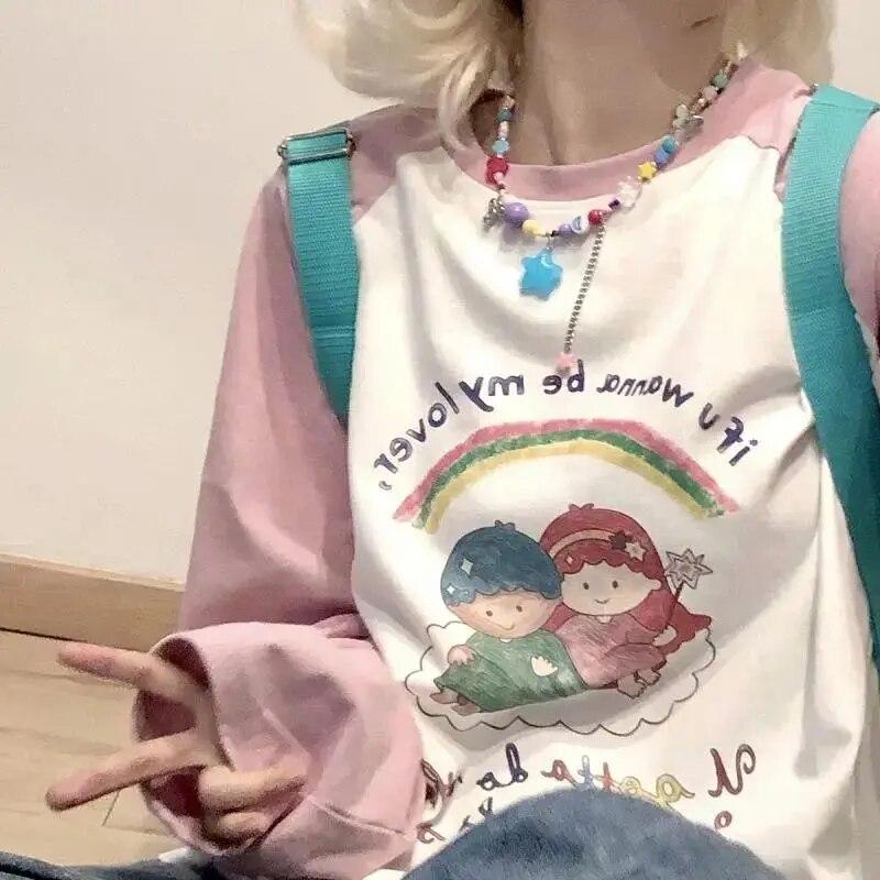 Tricou cu mâneci lungi haine femei drăguț desene animate cu imprimeu curcubeu tricou cu mânecă lungă Y2k lejer casual contrast fete tricou maiuri