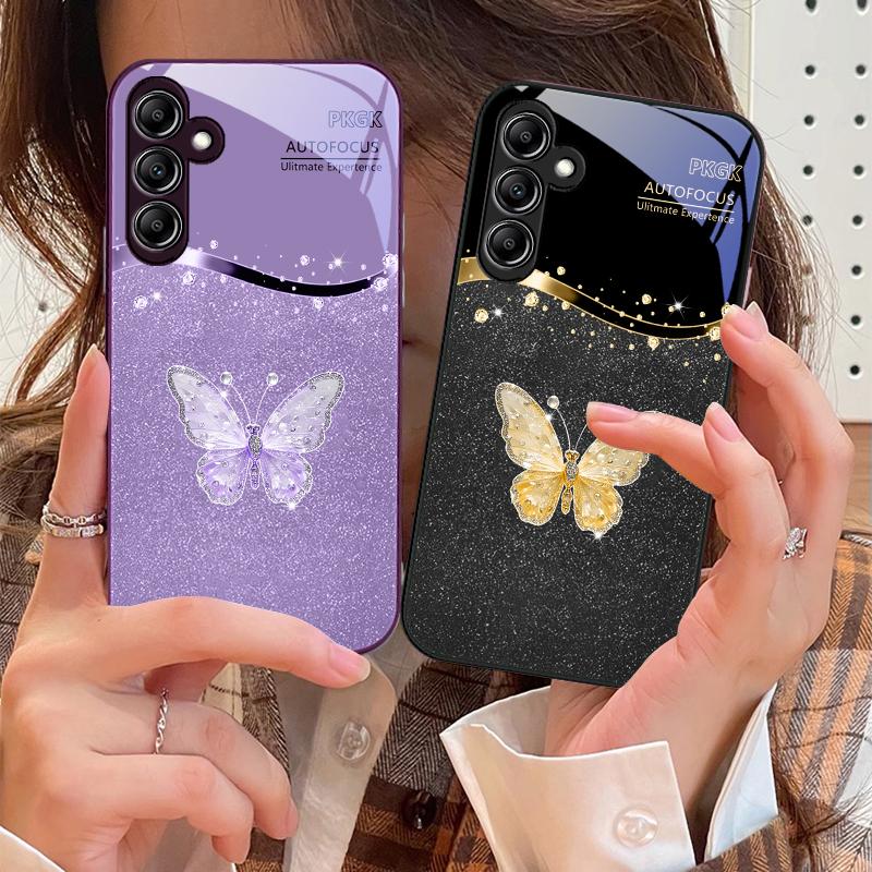 Gradient Diamond Butterfly For Samsung Galaxy A14 4G 20 30 52 20S 21S 22 32 33 34 42 50 51 53 54 70 71 72 73 5G Glass Phone Case