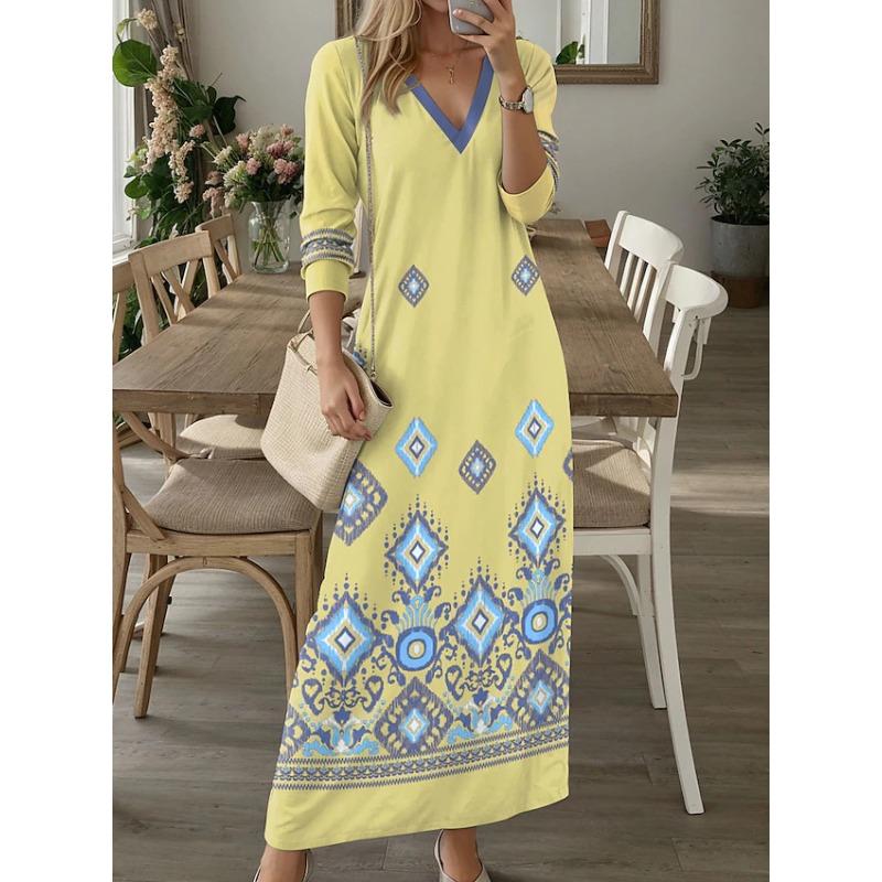 JPNTKY Moda Autunno Inverno Colore Solido Stampa Manica Lunga Scollo a V Abiti Casual
