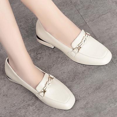 Zapatos Planos de Cuero Británicos Pequeños de Moda Primavera Versátiles Cabeza Cuadrada Tacón Grueso Boca Baja para Mujer Mocasines de Cuero Suave Antideslizantes
