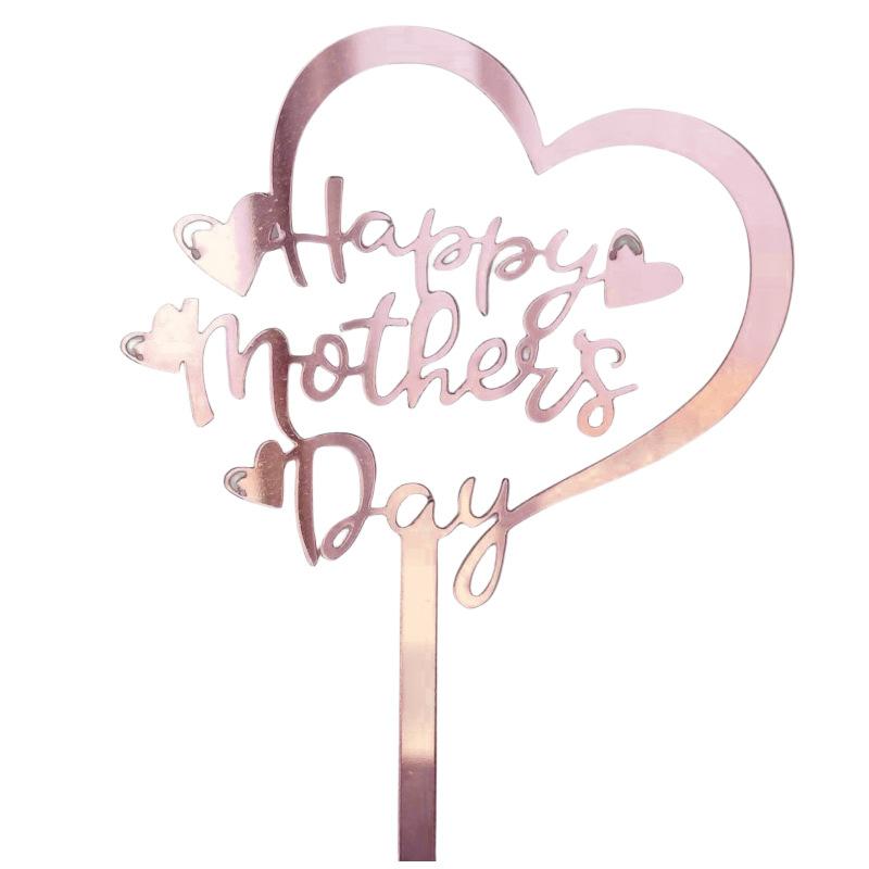 10PCS Happy Mother's Day Acrylic Cake Toppers Art Fonts Design Gold Rosegold Love Heart Cupcake Toppers Flag Party Decoration