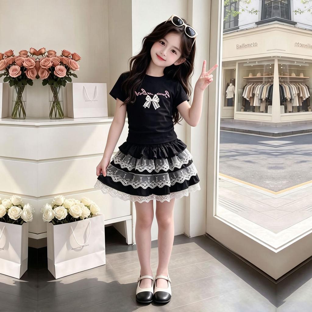 Sweet Summer Short Sleeve T Shirt with Lace Trim and Tiered Skirt Two Piece Set